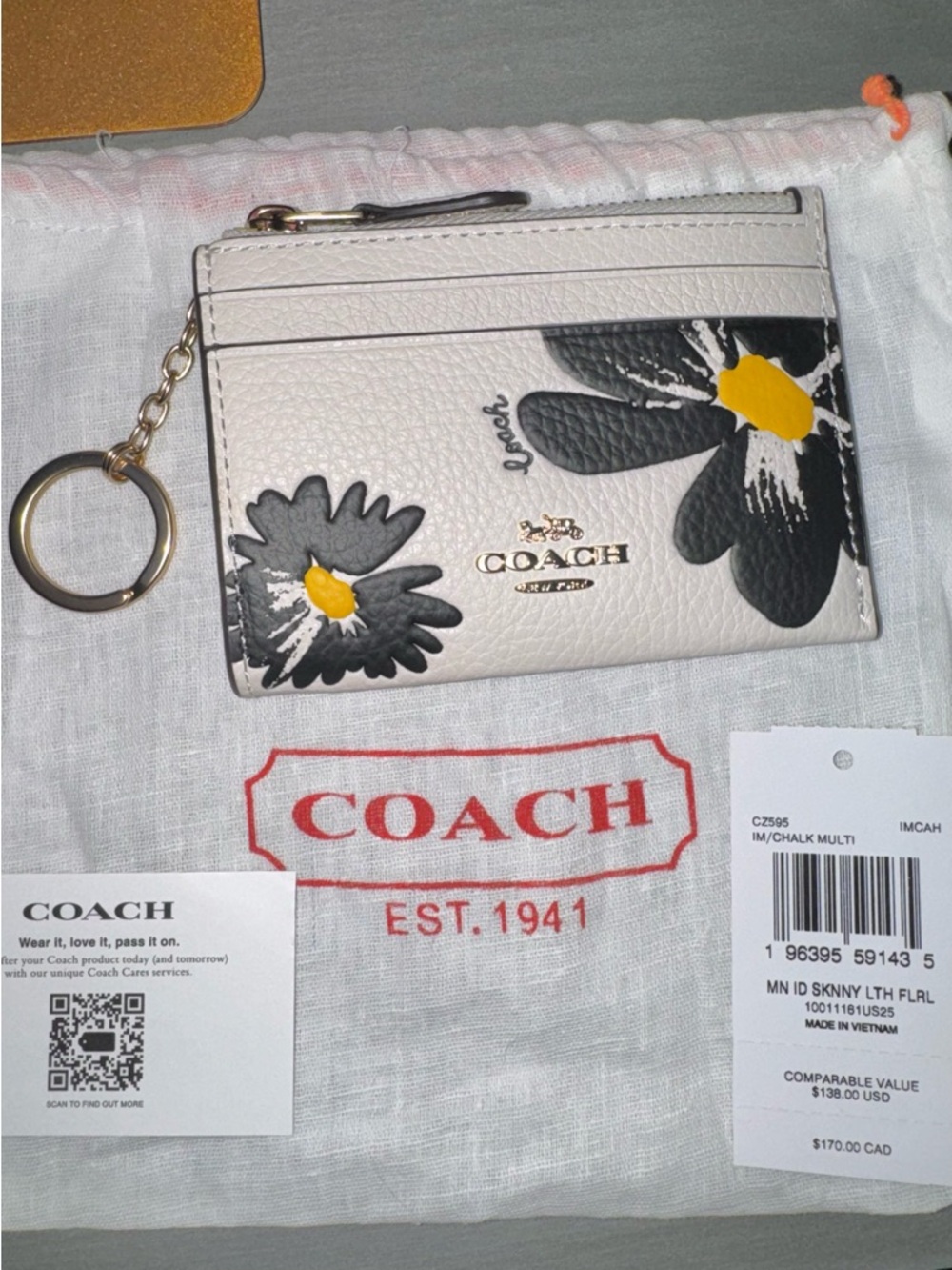 Coach Floral Leather ID Card Case Key Ring Bag-charm dust-bag NWT Retails $138
